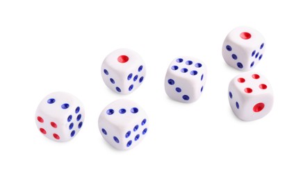 Photo of Many dices isolated on white. Game cubes