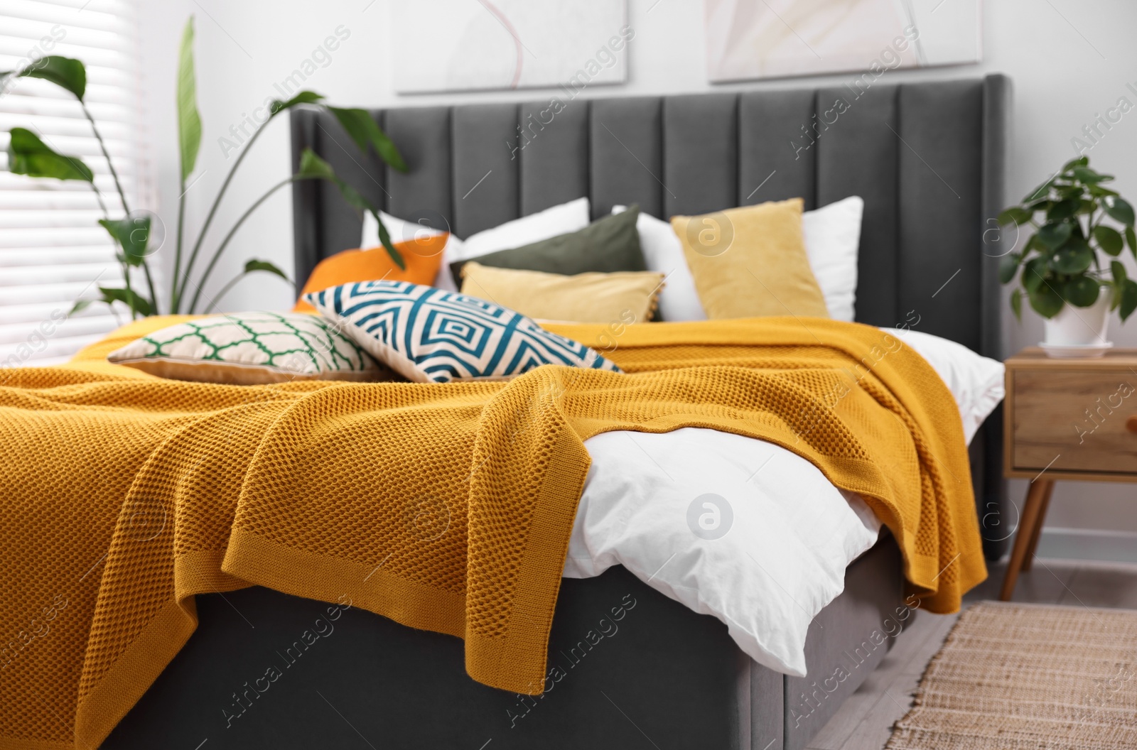 Photo of Bright plaid and colorful pillows on bed in stylish bedroom. Interior design