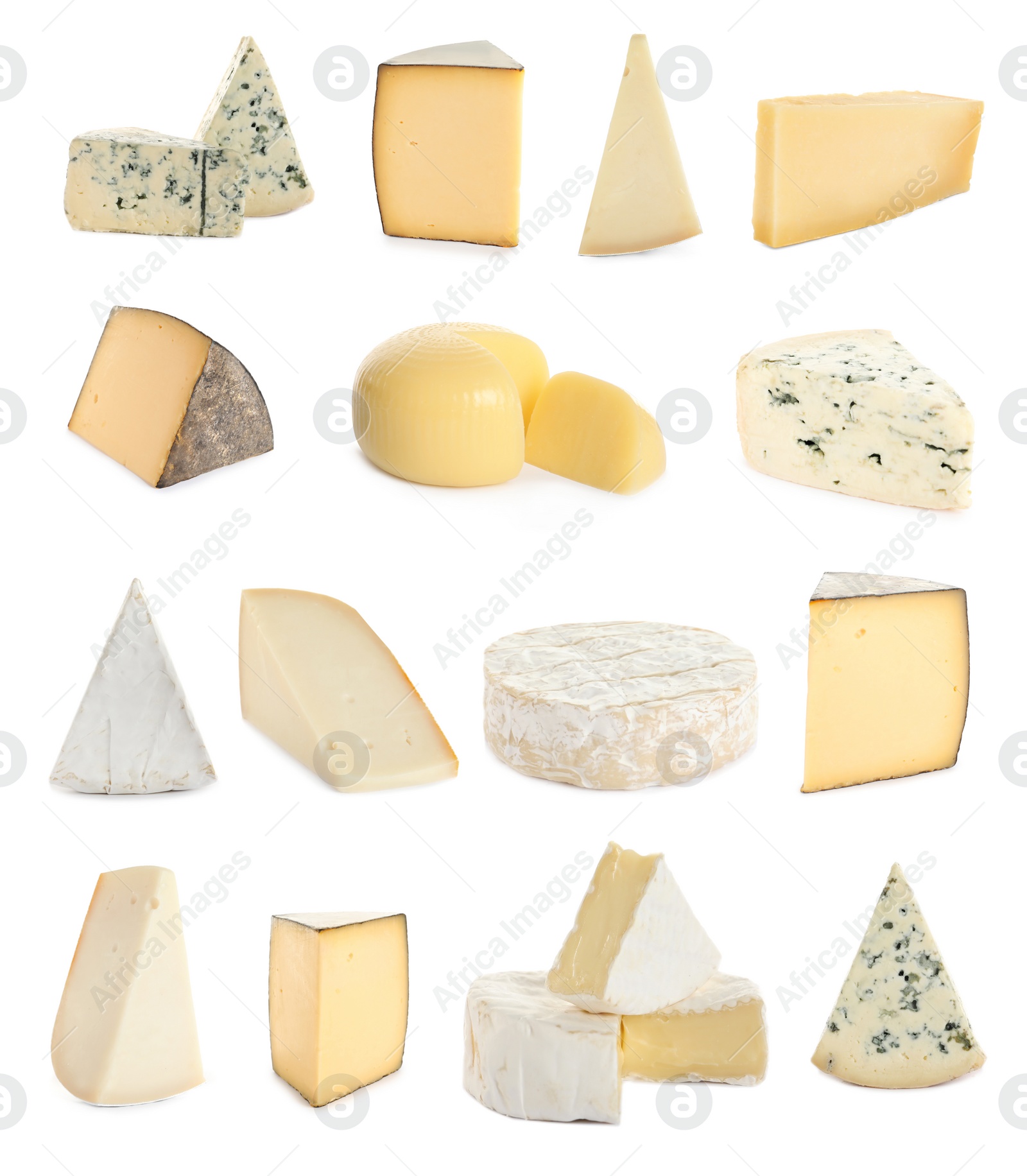 Image of Set with different sorts of cheese on white background