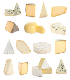 Set with different sorts of cheese on white background