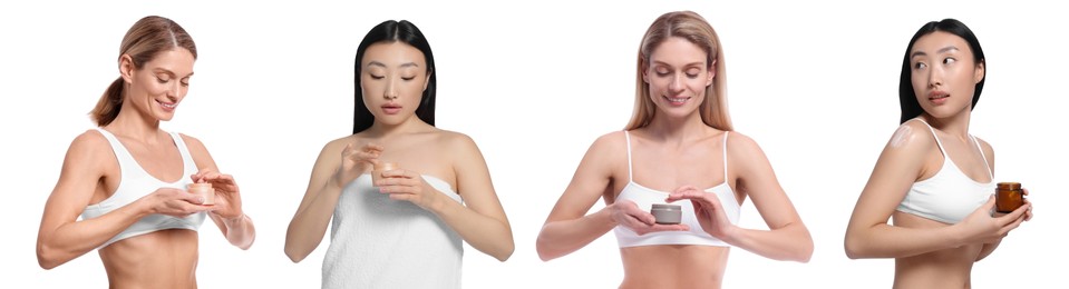 Image of Photos of women holding jars with body cream on white background, collage design