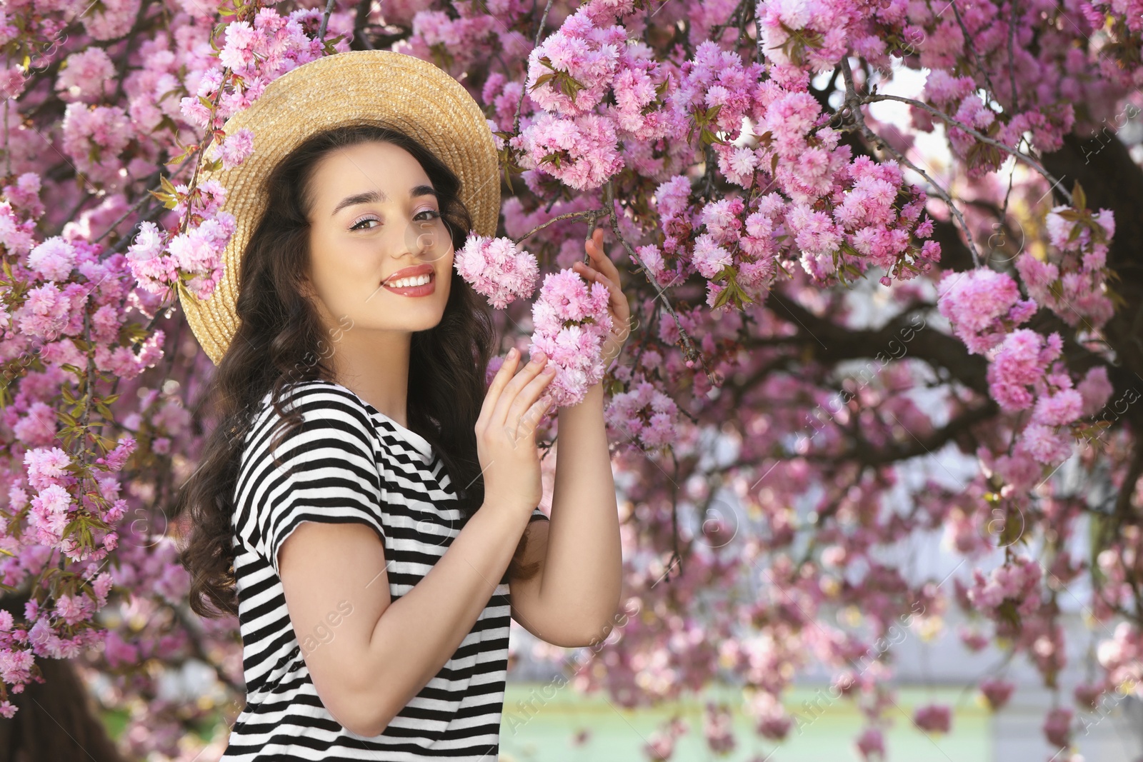 Photo of Beautiful woman near blossoming sakura tree on spring day