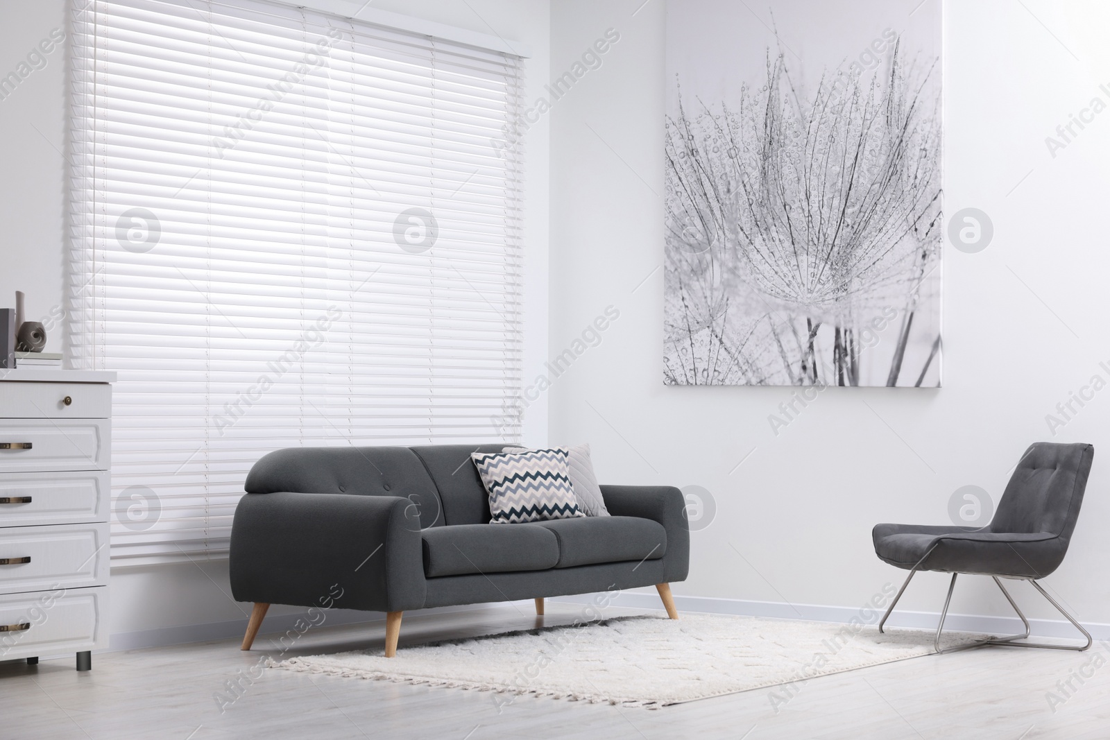 Photo of Living room with soft carpet and stylish furniture. Modern design