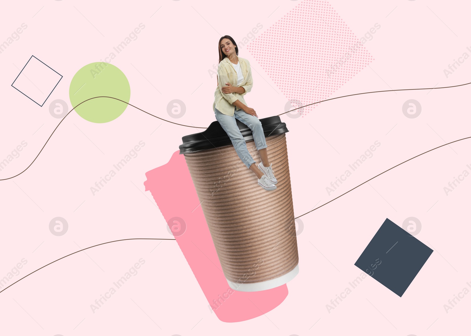 Image of Coffee to go. Smiling woman sitting on takeaway paper cup on light background, stylish artwork