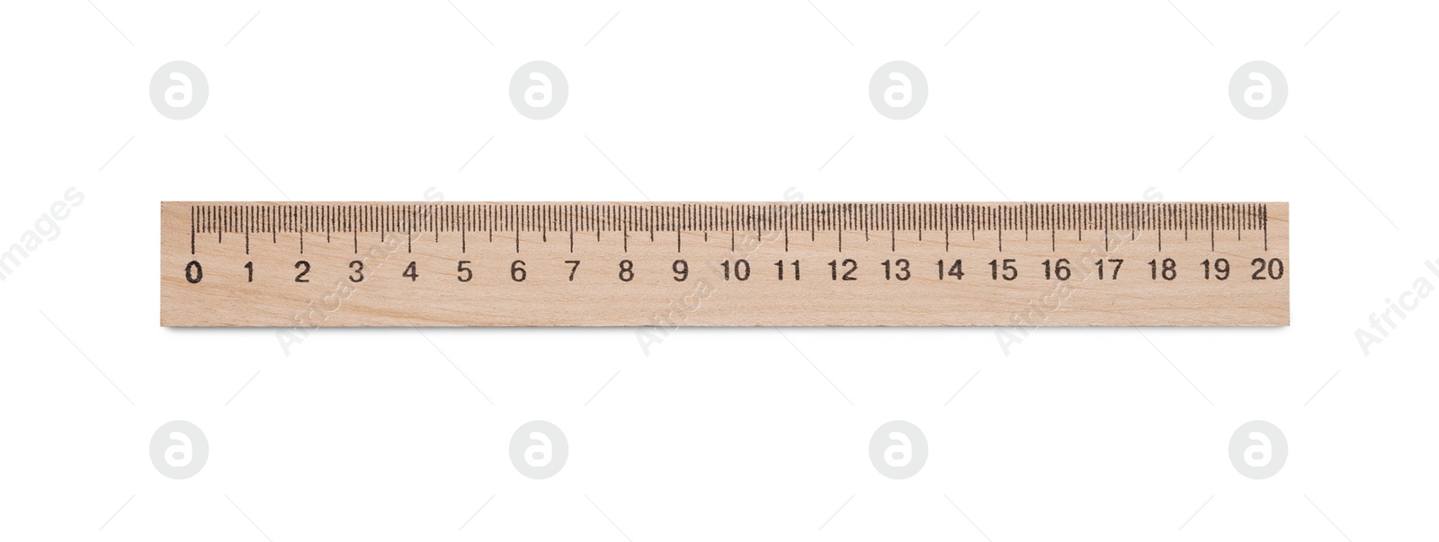 Photo of Wooden ruler with measuring length markings in centimeters isolated on white, top view