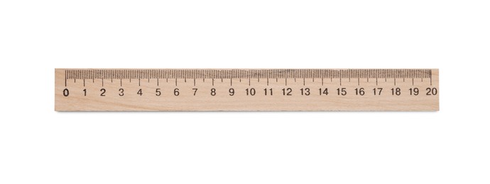 Wooden ruler with measuring length markings in centimeters isolated on white, top view