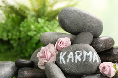 Stone with word Karma and beautiful flowers on blurred background. Space for text