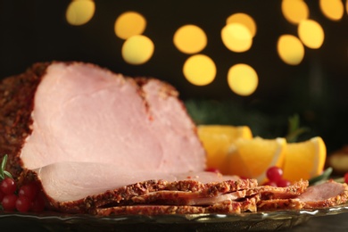 Photo of Plate with delicious ham on table, closeup. Christmas dinner