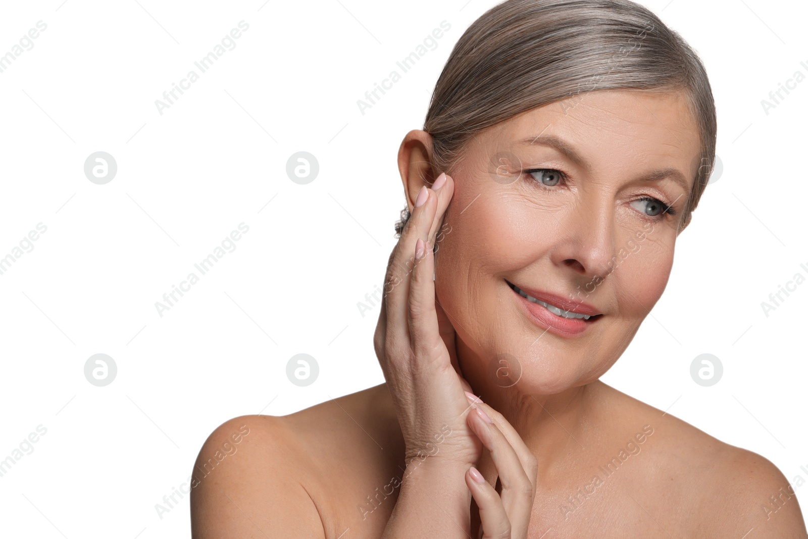 Photo of Beautiful mature woman with healthy skin on white background