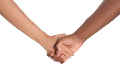 Photo of Woman and African American man shaking hands on white background, closeup
