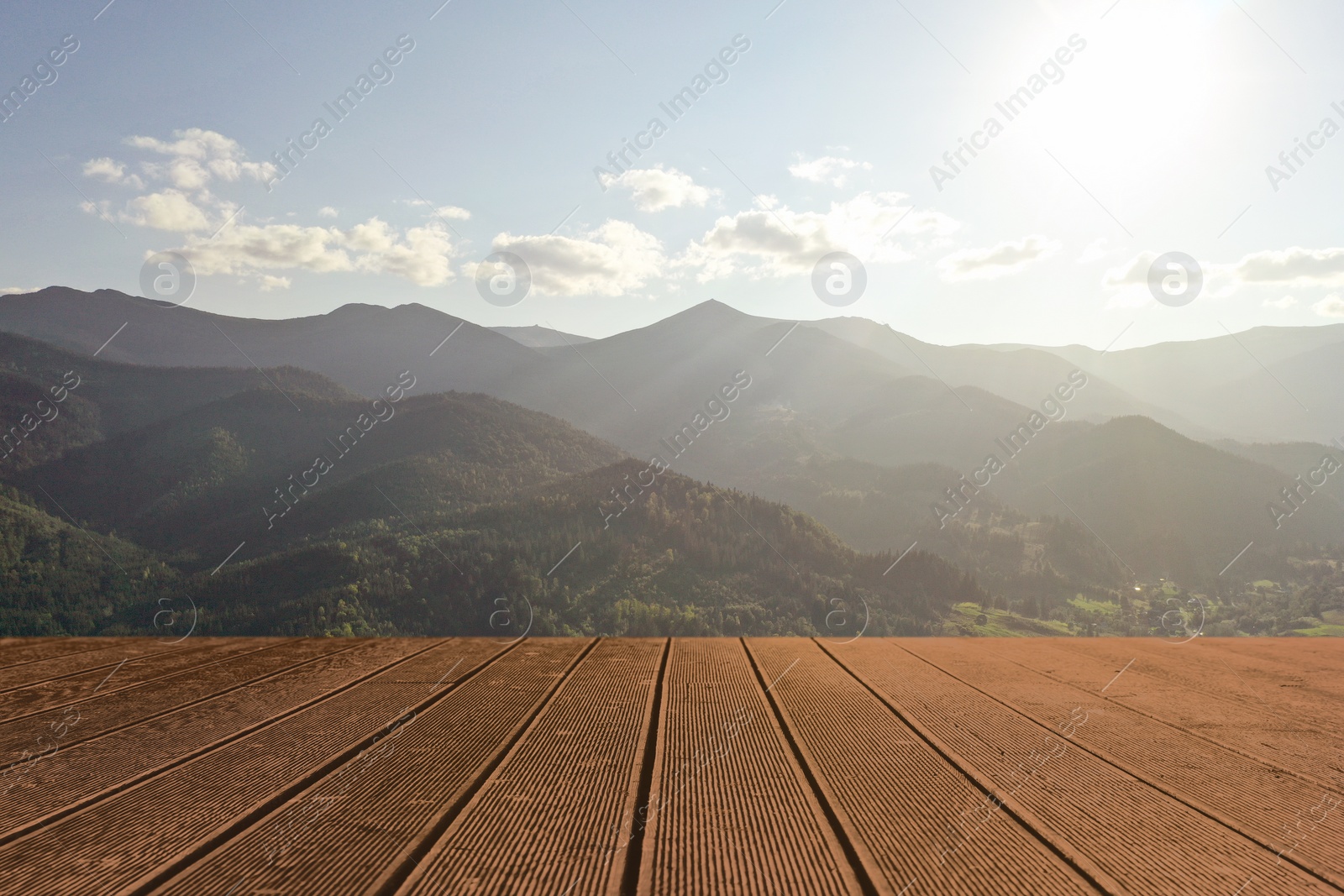 Image of Empty wooden surface and beautiful view of mountain landscape with forest