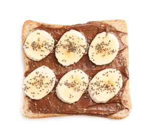 Slice of bread with chocolate paste and banana on white background, top view