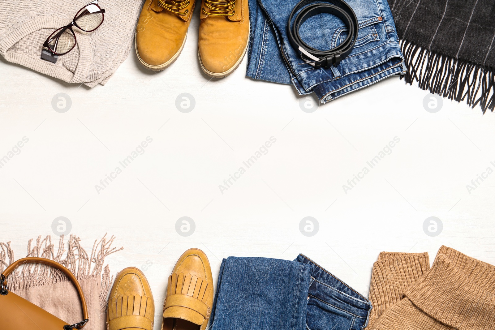 Photo of Flat lay composition with stylish clothes and accessories on white background. Space for text