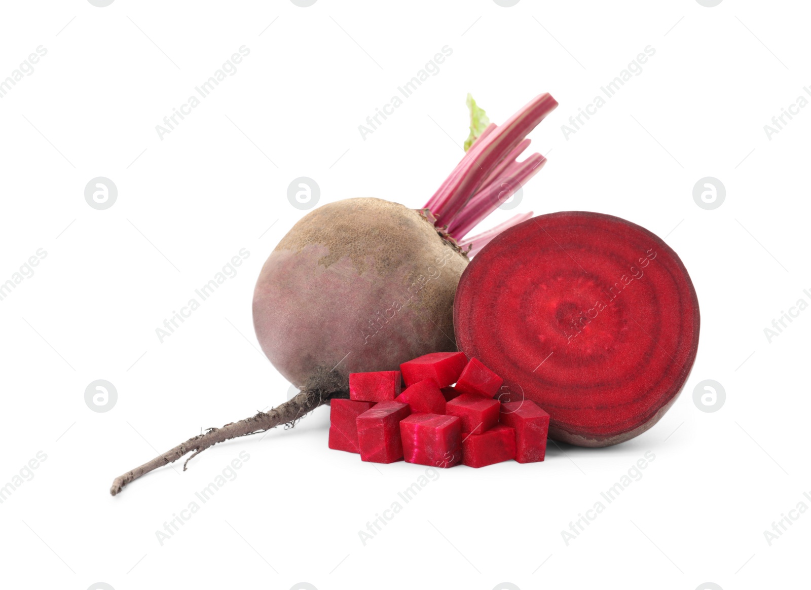 Photo of Whole and cut red beets on white background