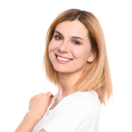 Photo of Portrait of woman with beautiful face on white background