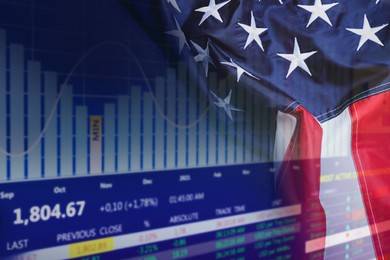 Image of Double exposure of price quotes and American flag. US economy