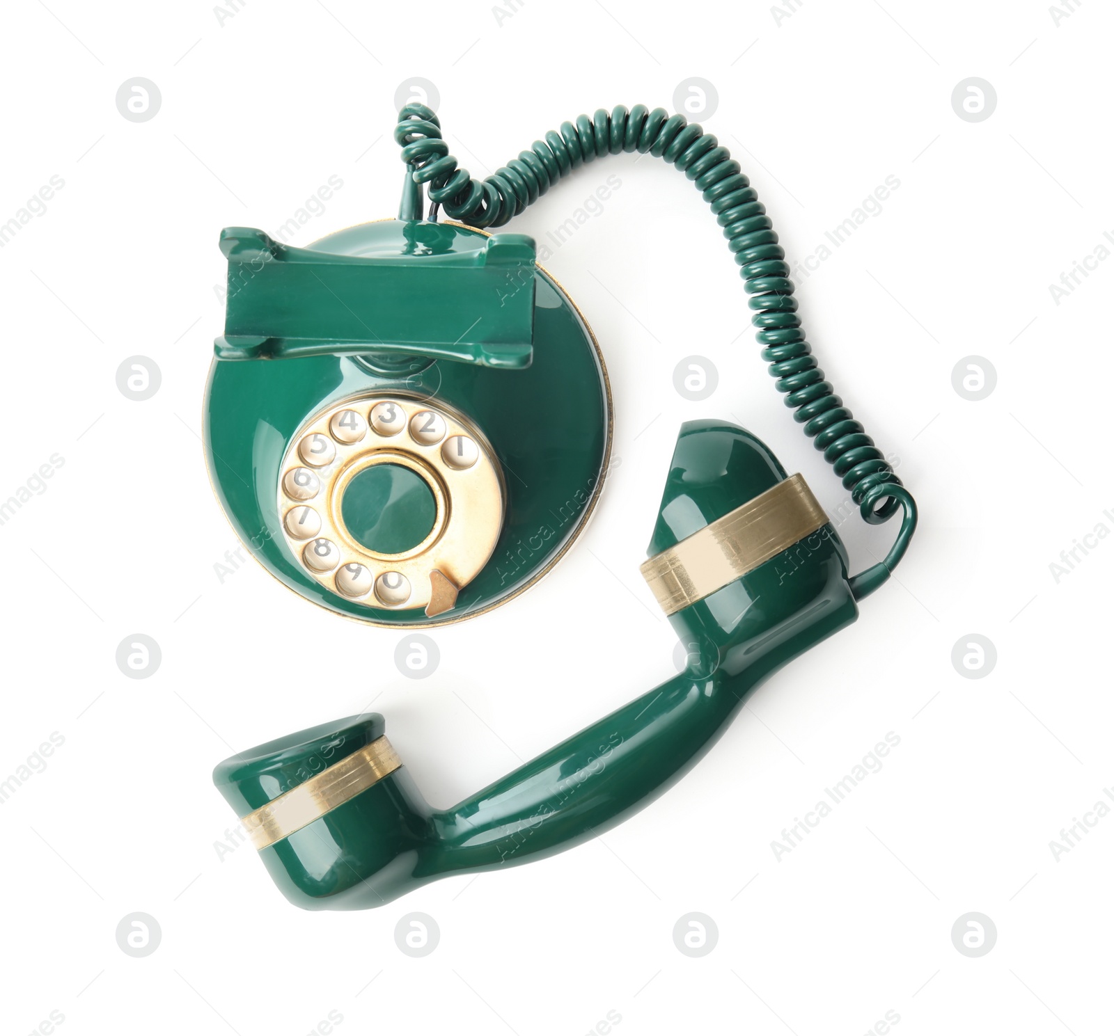 Photo of Elegant vintage green telephone isolated on white, top view