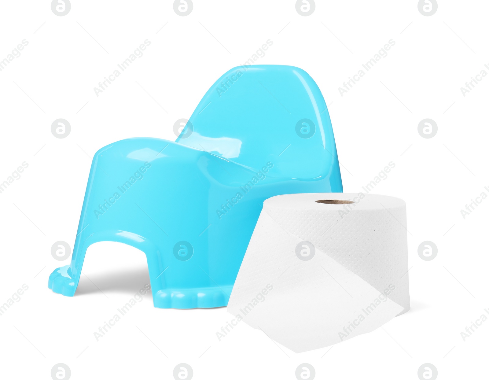 Photo of Light blue baby potty and toilet paper isolated on white