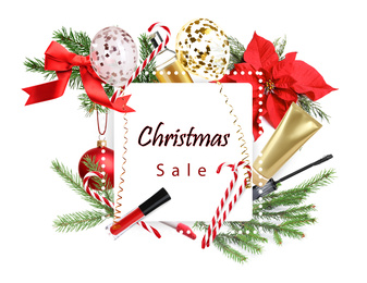 Image of Christmas sale ad with makeup products and decor