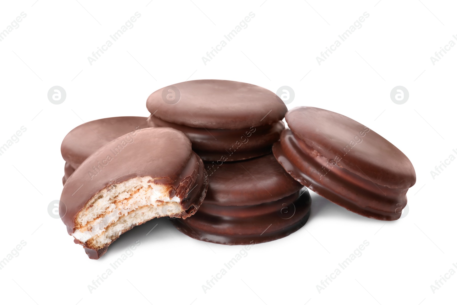 Photo of Delicious choco pies on white background. Classic snack cakes