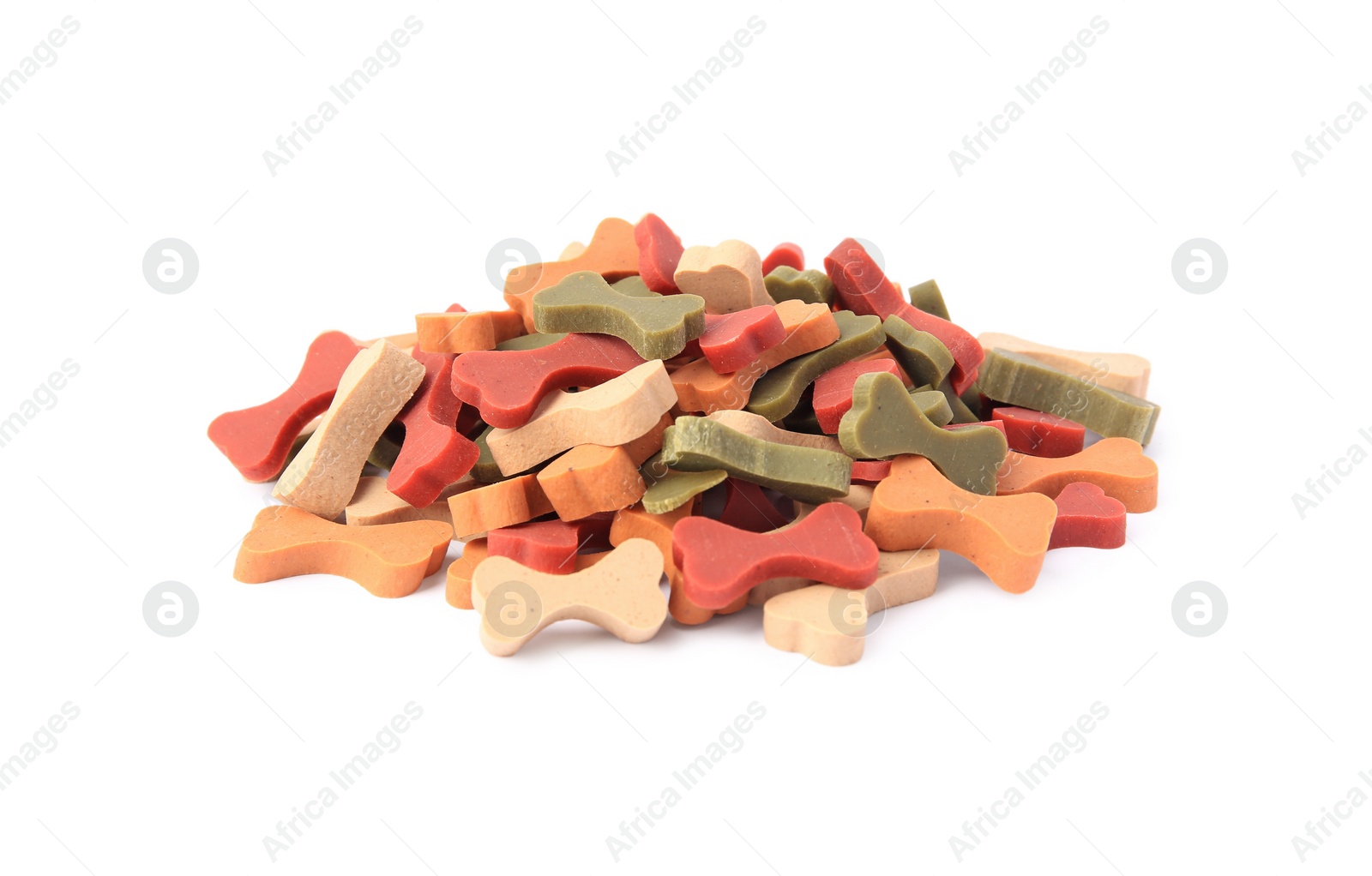 Photo of Many bone shaped vitamins for pets isolated on white