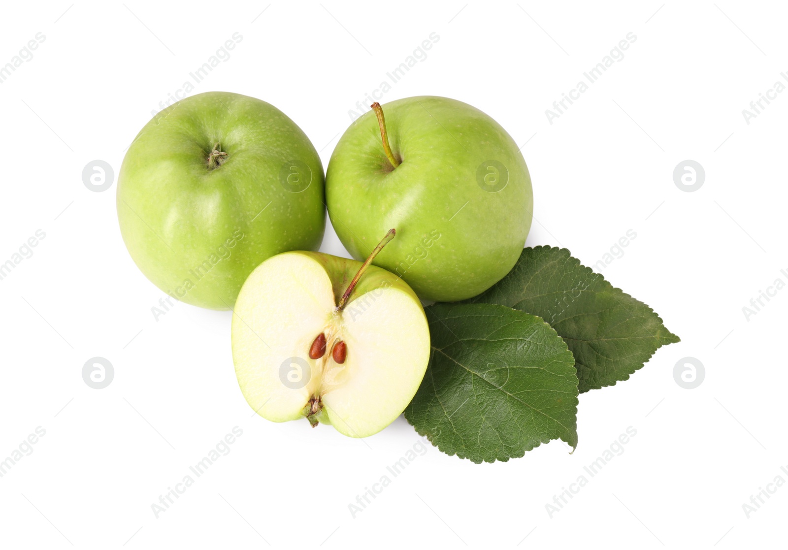 Photo of Whole, cut ripe apples and leaves isolated on white, above view