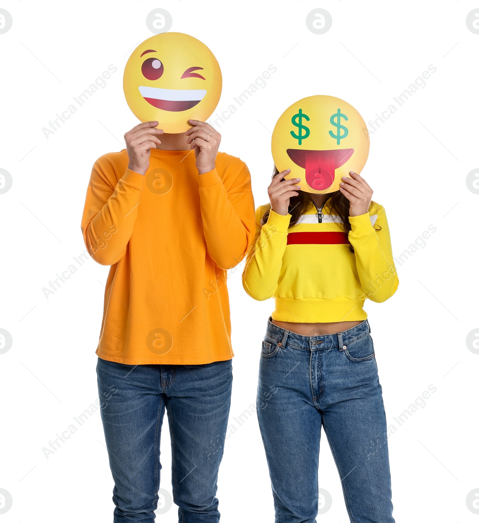 Photo of People covering faces with emoticons on white background