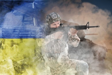 Image of Military, flag of Ukraine, tank and ruined building, double exposure