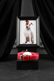 Frame with picture of dog, collar and burning candle on grey table. Pet funeral