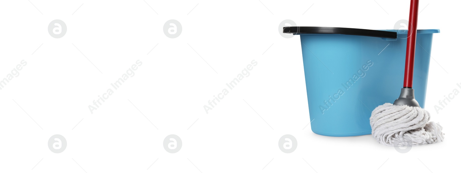 Image of String mop and blue bucket on white background. Banner design with space for text