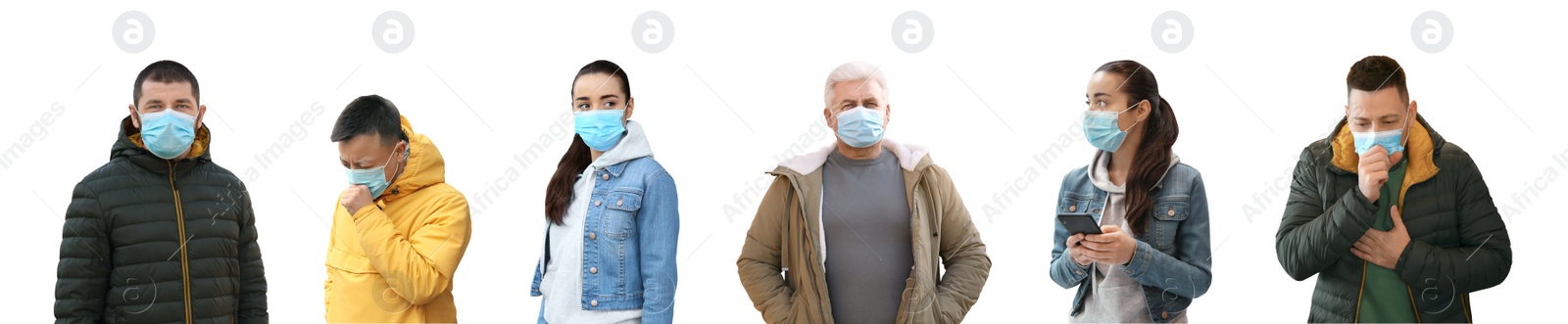 Image of Collage of people wearing medical face masks on white background. Banner design