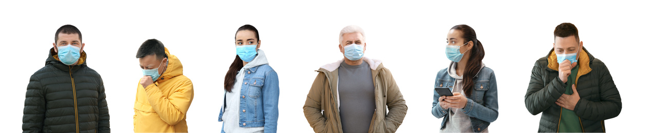 Image of Collage of people wearing medical face masks on white background. Banner design