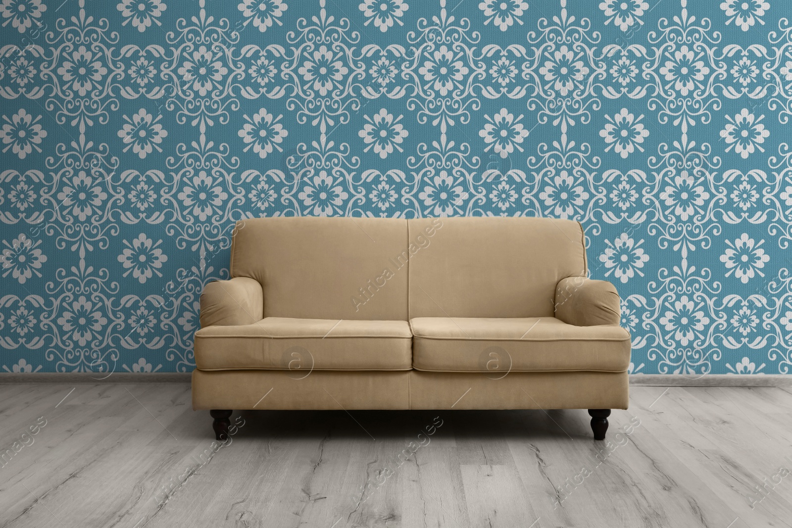 Image of Modern sofa near patterned wallpapers. Interior design 