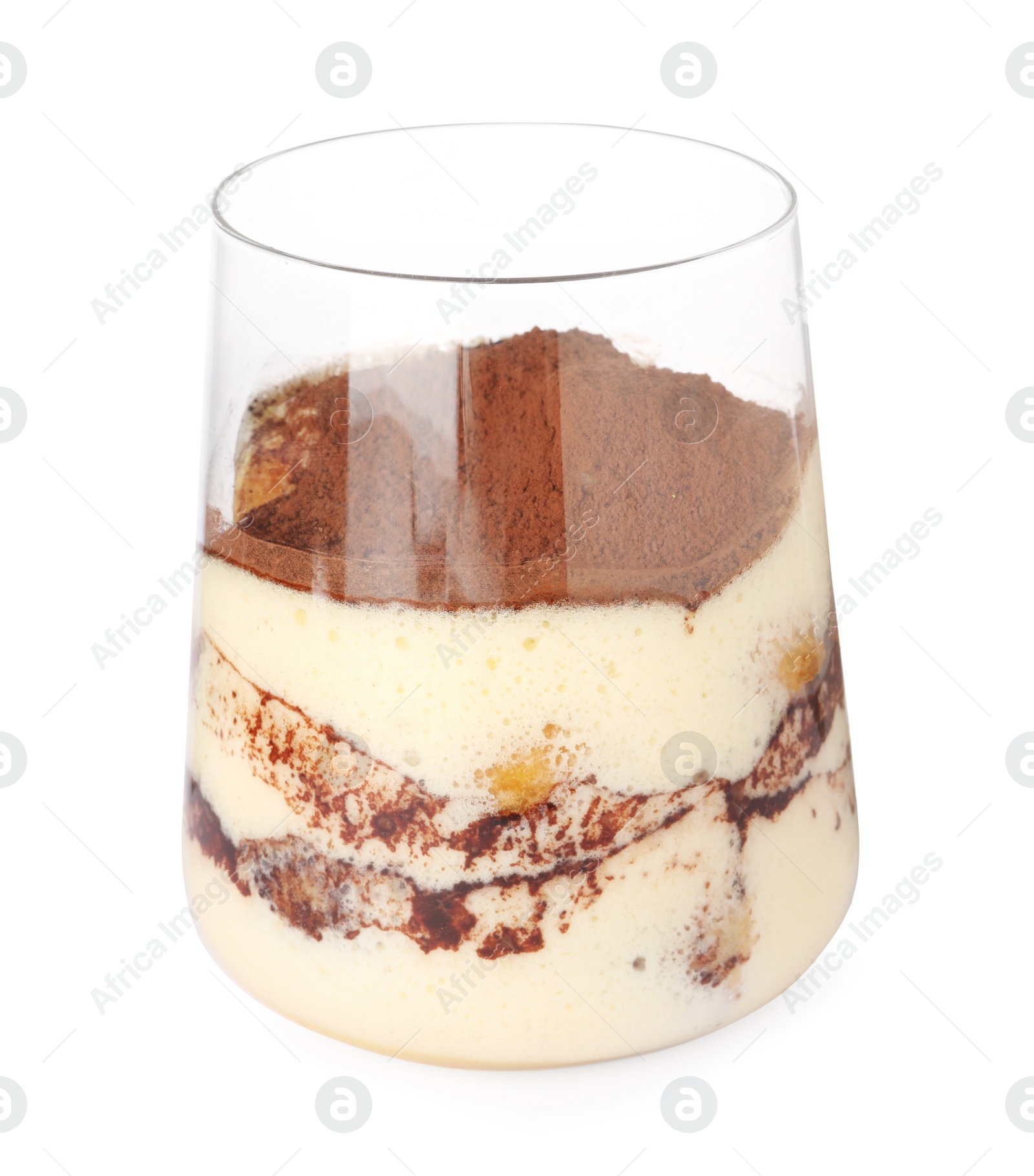 Photo of Delicious tiramisu in glass isolated on white