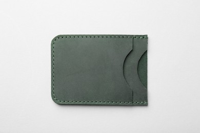 Empty leather card holder on light grey background, top view