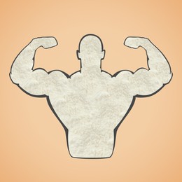 Illustration of Muscular man showing biceps on beige background. Silhouette of sportsman made with amino acids powder