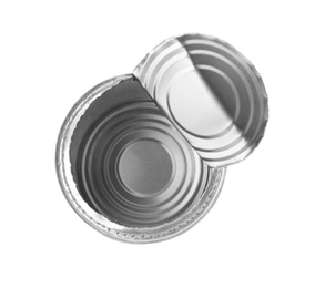 Empty aluminum can on white background, top view. Metal waste recycling