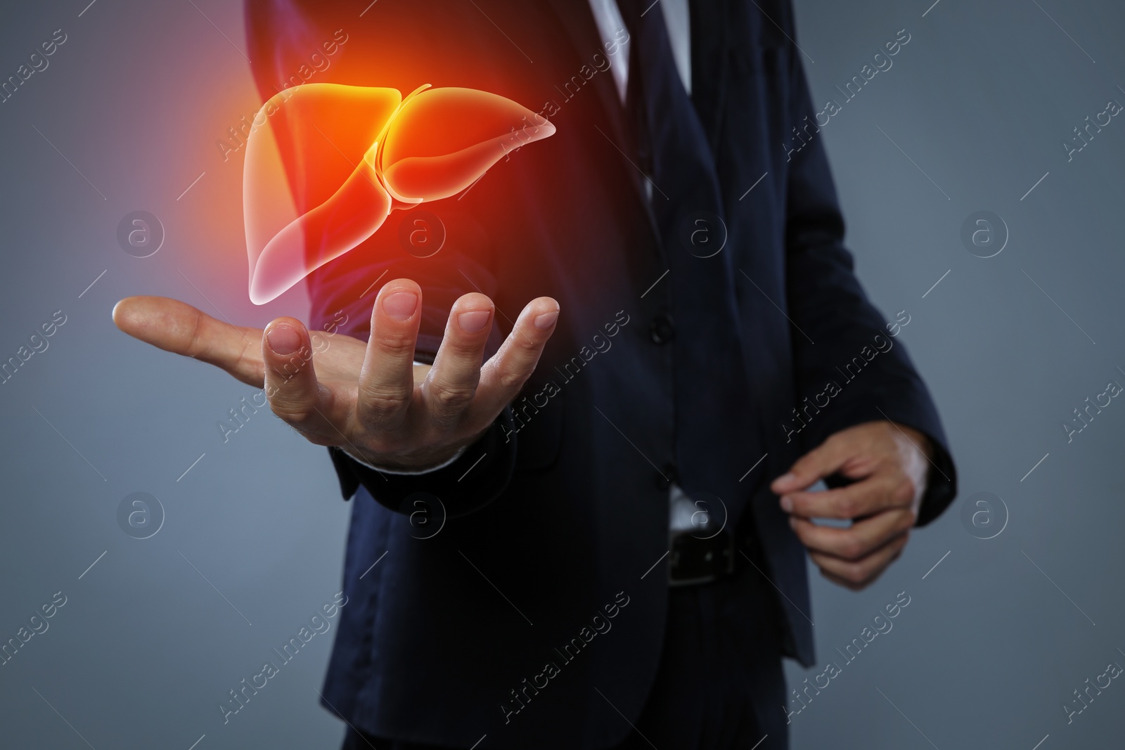 Image of Man and illustration of unhealthy liver on light grey background. Hepatitis disease