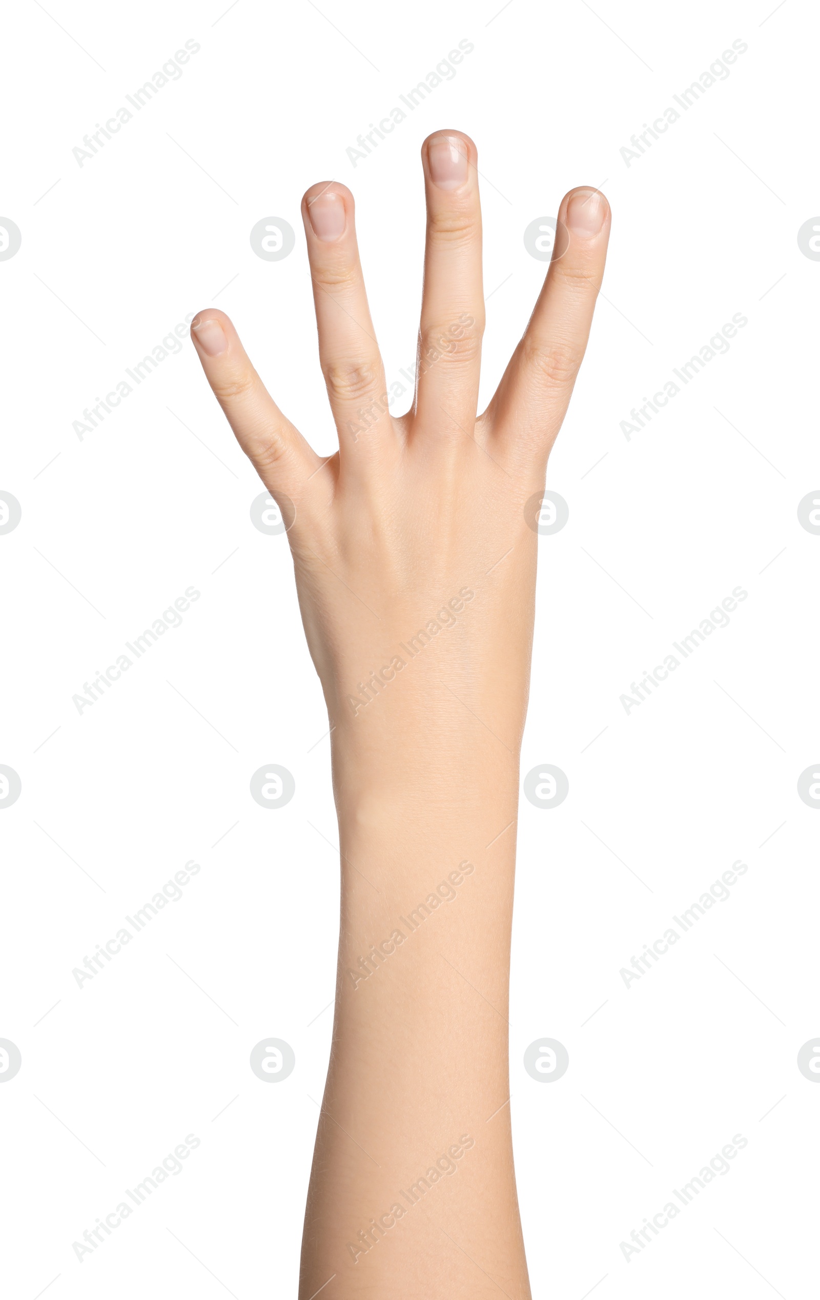 Photo of Woman showing four fingers on white background, closeup of hand