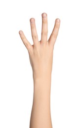 Woman showing four fingers on white background, closeup of hand
