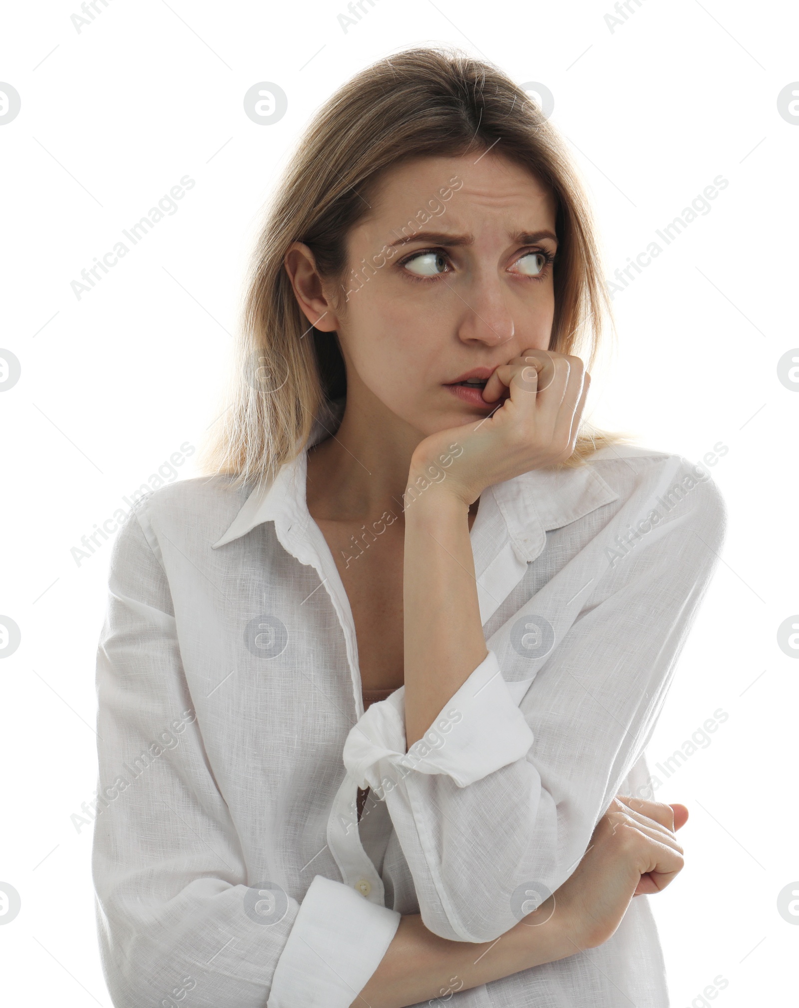 Photo of Young woman feeling fear on white background