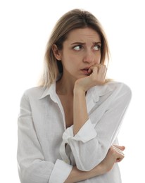 Young woman feeling fear on white background