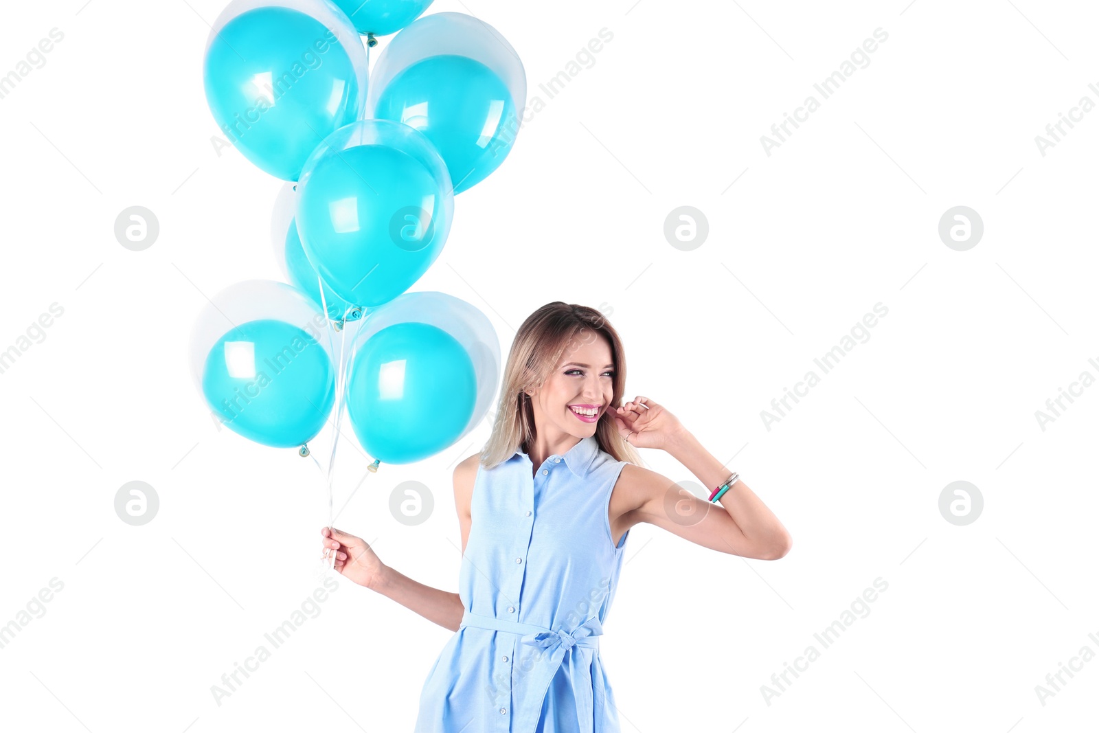 Photo of Young woman with air balloons on white background