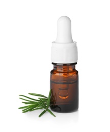 Bottle with rosemary oil on white background