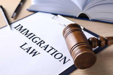 Image of Clipboard with words IMMIGRATION LAW and gavel on wooden table, closeup