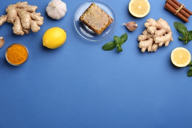 Photo of Flat lay composition with fresh products on blue background, space for text. Natural antibiotics