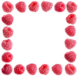 Image of Frame made of delicious ripe raspberries on white background
