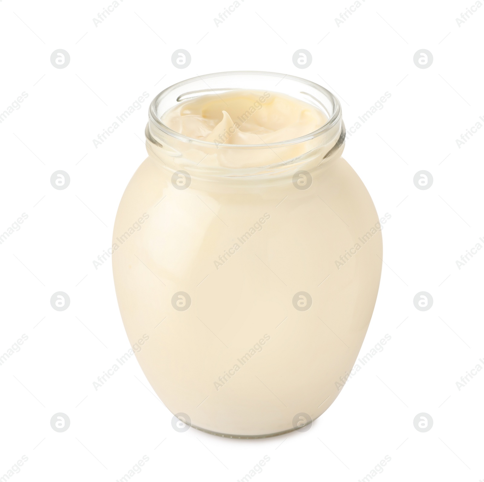 Photo of Mayonnaise in glass jar isolated on white