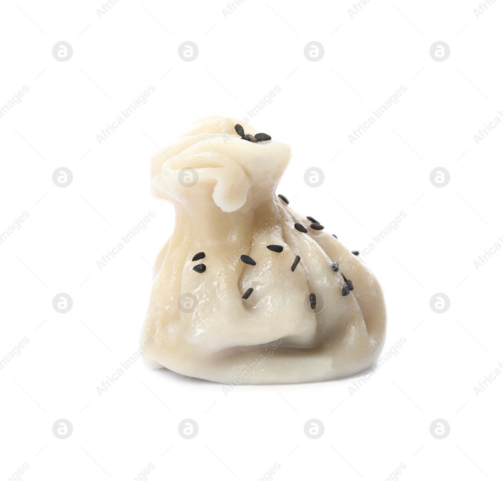 Photo of Tasty baozi dumpling with sesame seeds on white background