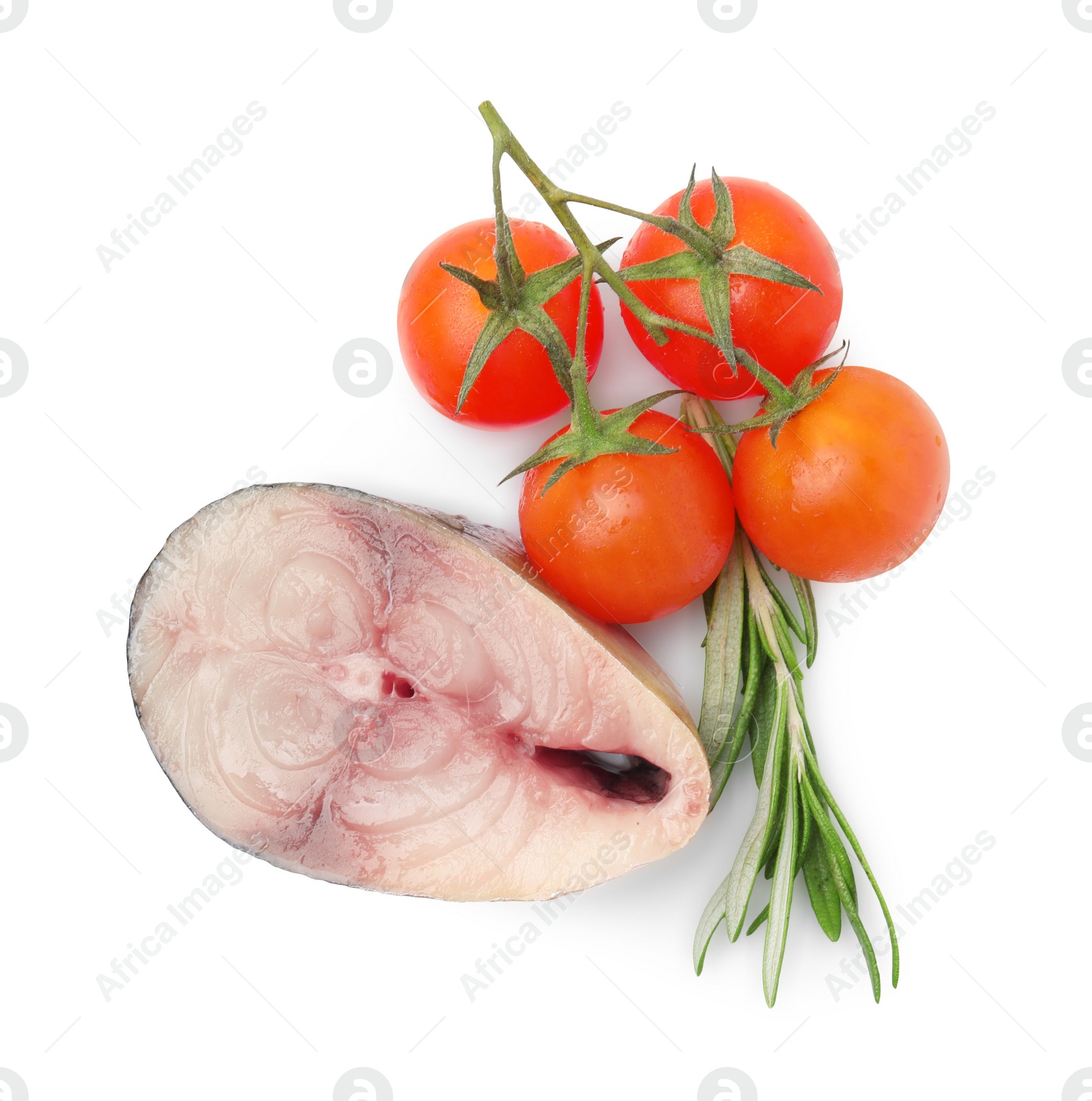 Photo of Piece of mackerel fish with cherry tomatoes and rosemary on white background, top view